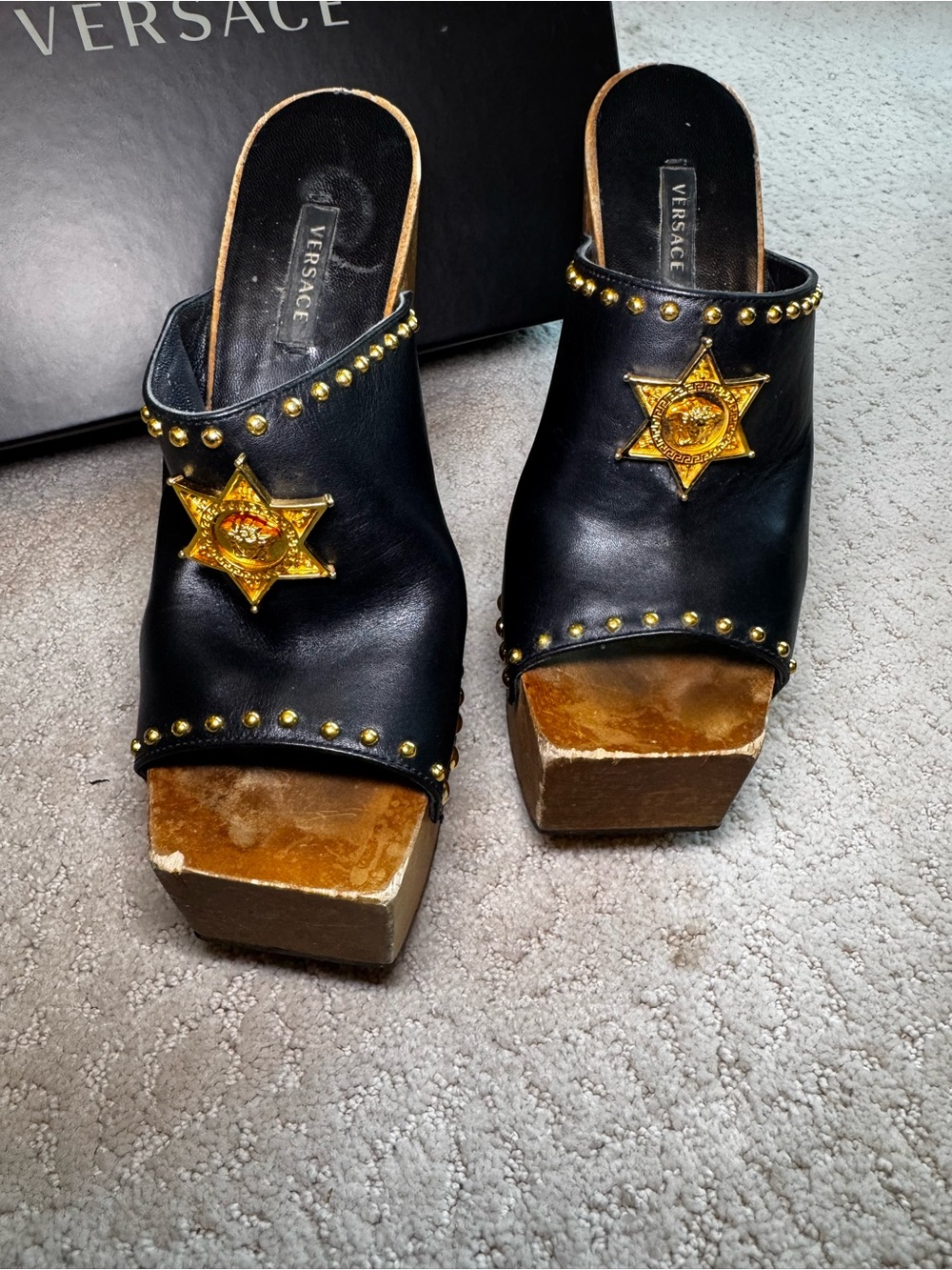 Versace Black Leather Platform Clogs with Gold Star and Studded Details Size 6.5 - Picture 8 of 10